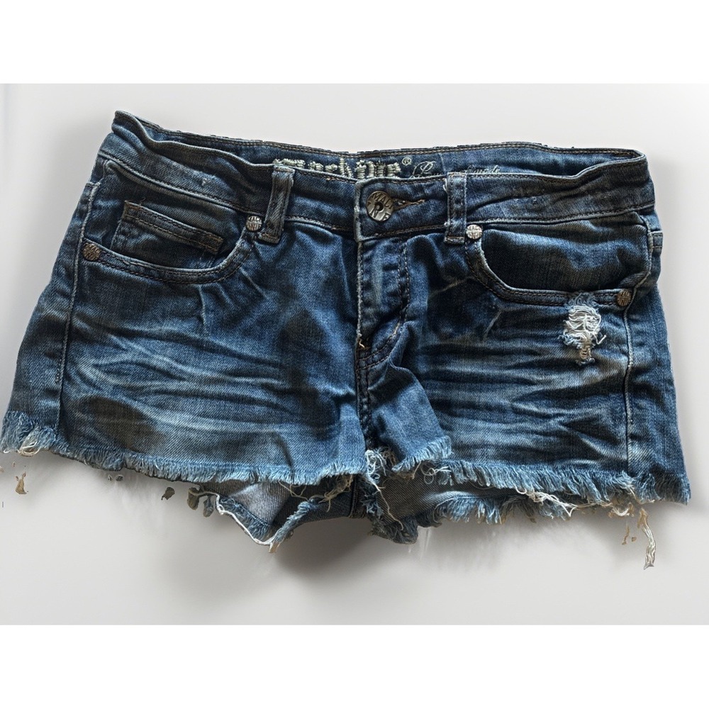 Machine Distressed Denim Cutoff Shorts Y2K Grunge Streetwear Blue Cotton Sz 3/26